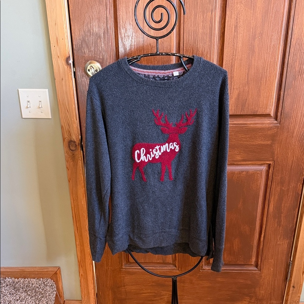 Royce Brand Womens Christmas Reindeer Sweater Gray Red Knit Pullover Size M